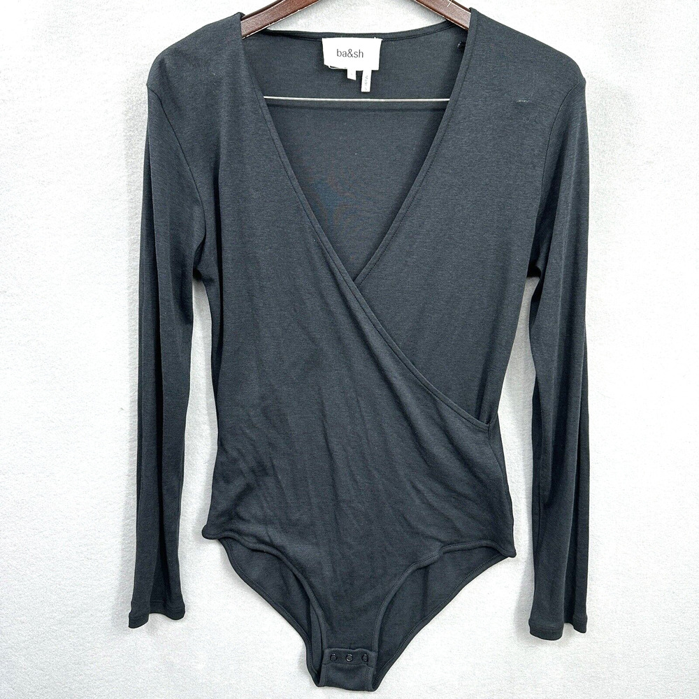 BASH Ba and Sh Celia Bodysuit Womens Large V Neck Faux Wrap Minimalist Black
